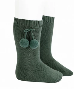 Condor Warm Knee-High Socks With Pompoms - Pine