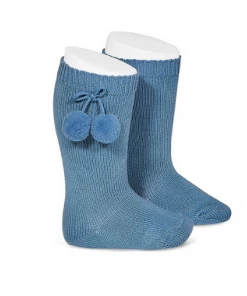 Condor Tights & Socks Warm Knee-High Socks With Pompoms - French Blue
