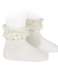 Condor Tights & Socks Lace Trim Cotton Socks With Bow - Cream