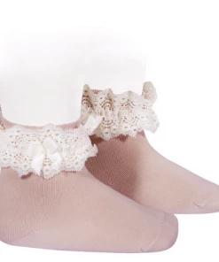 Condor Tights & Socks Lace Trim Cotton Socks With Bow - Pale Pink