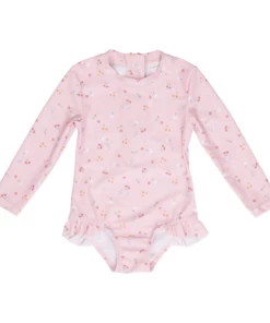 Little Dutch Bathsuit Long Sleeves Ruffles Little Pink Flowers