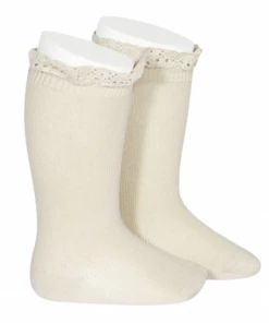 Condor Knee Socks With Lace Edging Cuff - Linen