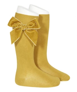 Condor Side Velvet Bow Knee-High Socks - Curry