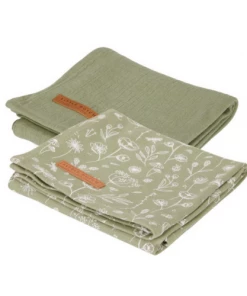 Little Dutch CARE Muslin Cloths 70 X 70 Wild Flower Olive / Pure Olive (set Of 2)