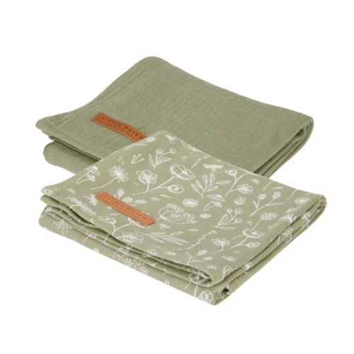 Little Dutch CARE Muslin Cloths 70 X 70 Wild Flower Olive / Pure Olive (set Of 2)