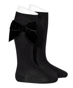 Condor Side Velvet Bow Knee-High Socks - Black Tights & Socks