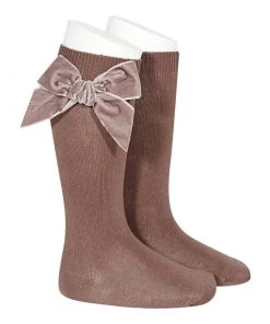 Condor Tights & Socks Side Velvet Bow Knee-High Socks - Praline